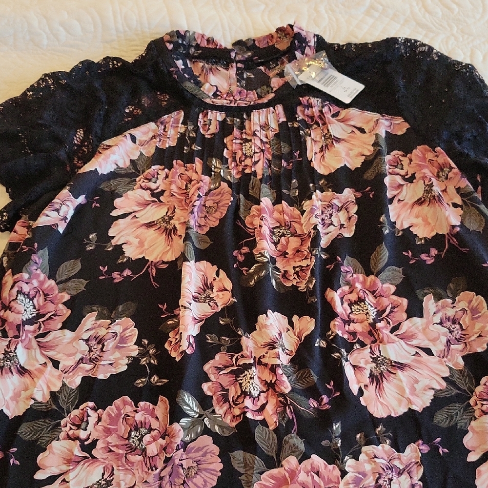 Torrid Black and Pink Floral Blouse with Lace Sleeves